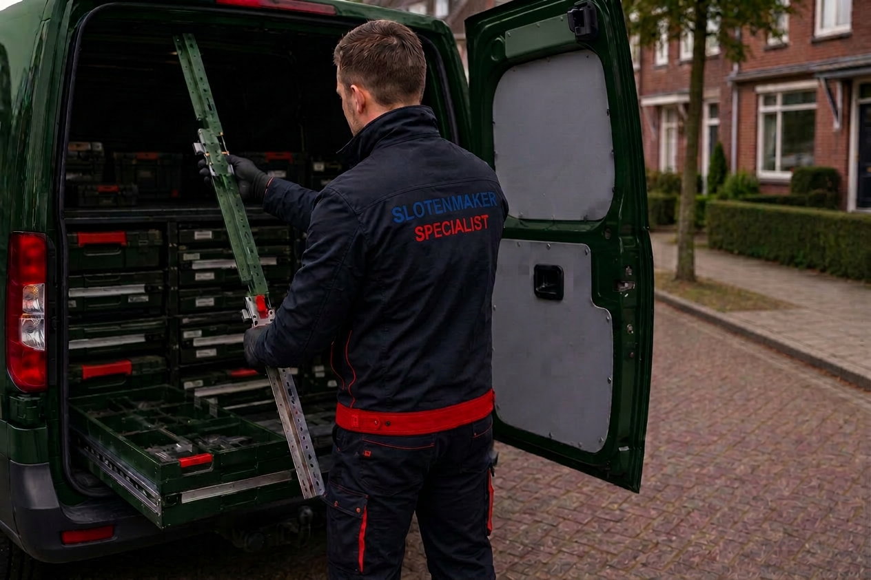 Slotenmaker specialist met materiaal uit bedrijfsbus in Utrecht