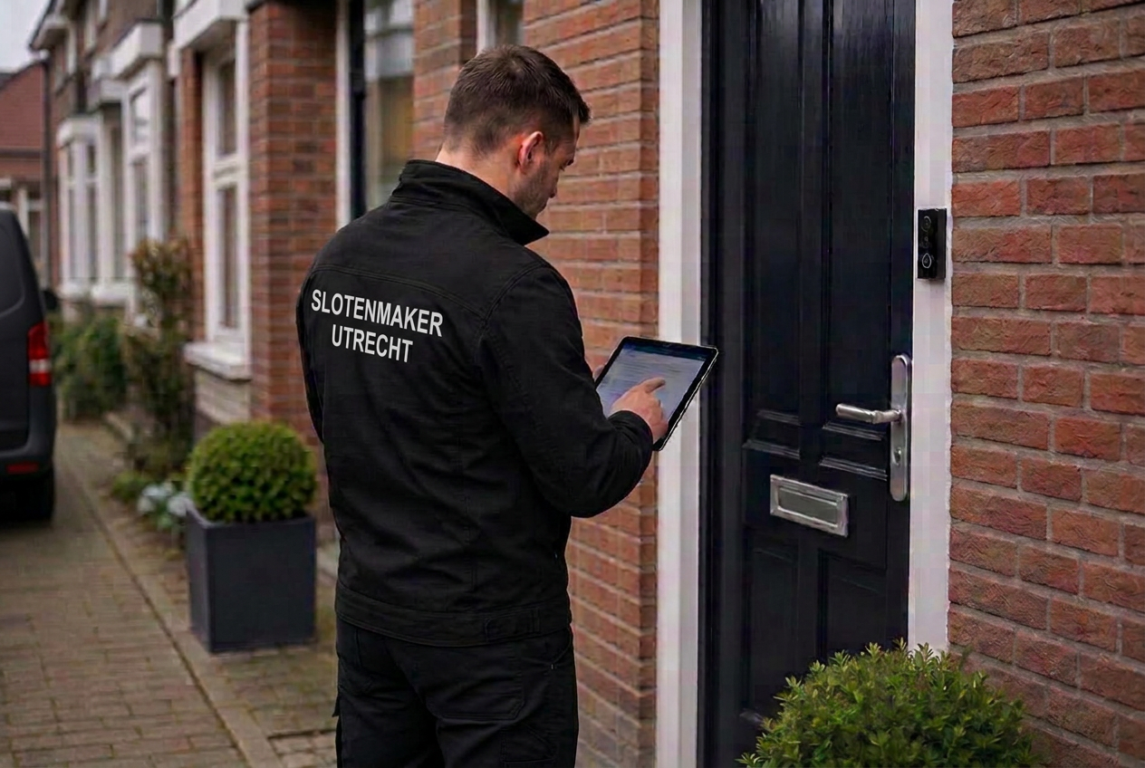 Slotenmaker specialist noteert klantgegevens op tablet bij voordeur