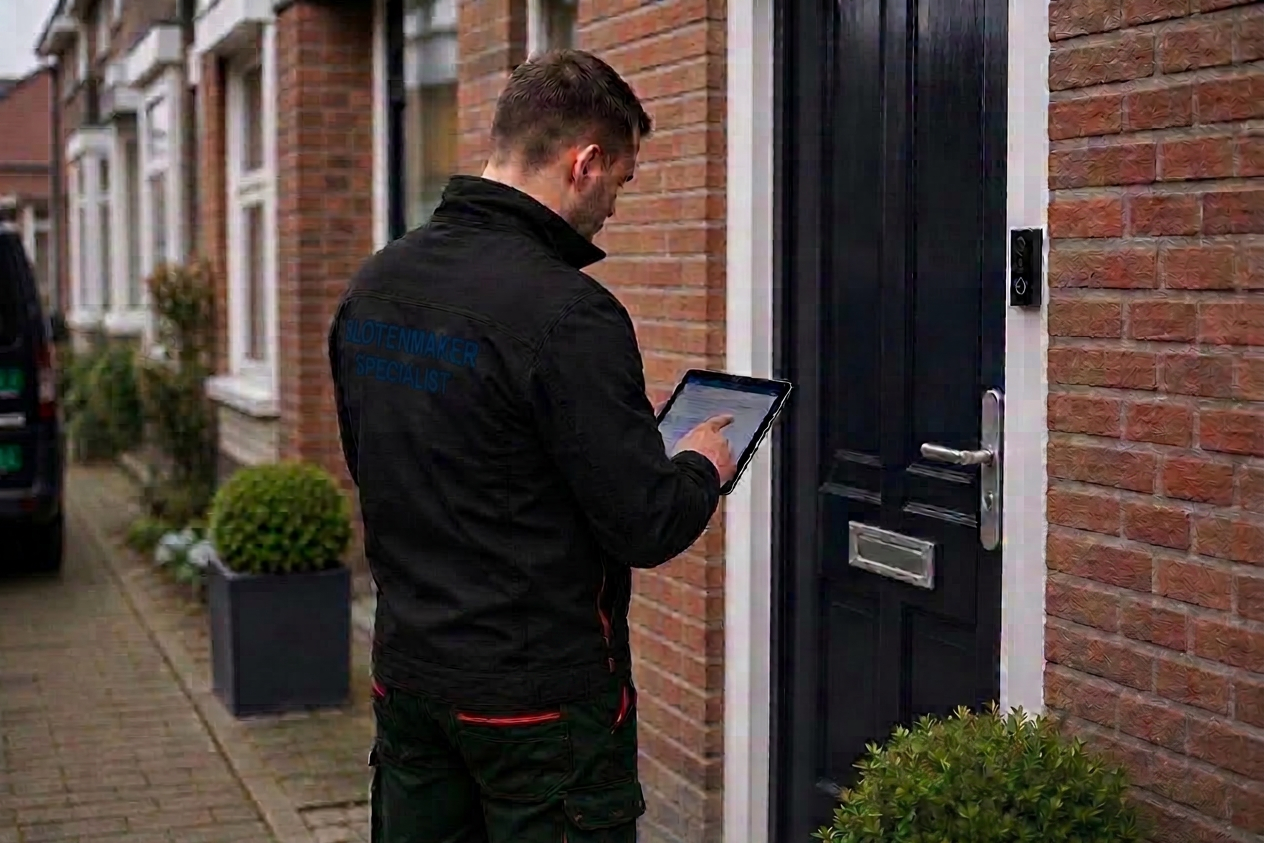 Slotenmaker specialist noteert klantgegevens op tablet bij voordeur