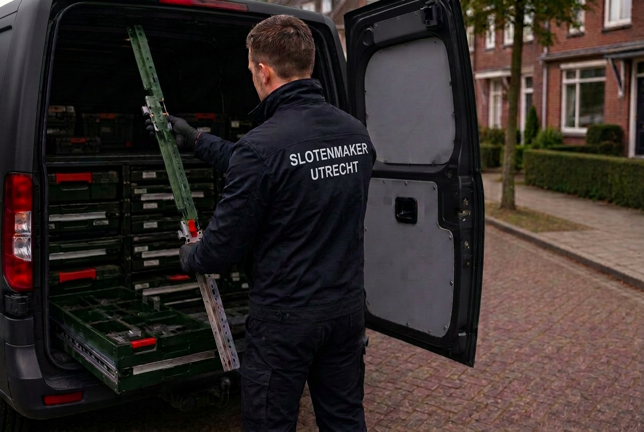 Slotenmaker specialist met materiaal uit bedrijfsbus in Utrecht